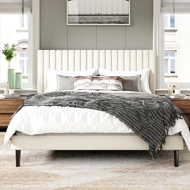King Size Bed Frame with Velvet Upholstered Headboard, Platform Bed with Strong Wood Slats, Mattress Foundation, Box Spring Optional, Easy Assembly, Beige