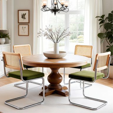 Zesthouse Mid Century Modern Dining Chairs Set of 4, Natural Rattan Dining Chairs with Solid Wood Back & Chrome Base, Upholstered Velvet Fabric, Green Olive Green Velvet 4 Pcs-Dining Chairs