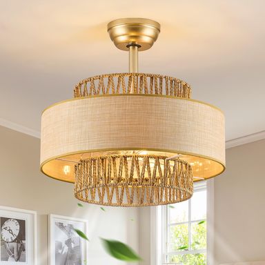 Boho Fandelier Ceiling Fans with Light and Remote Gold Enclosed Caged Ceiling Fan with Light Rattan Chandelier Fan for Bedroom，Living Room，Kitchen（6 Speeds Bladeless Ceiling Fan ） Brown Boho Fan