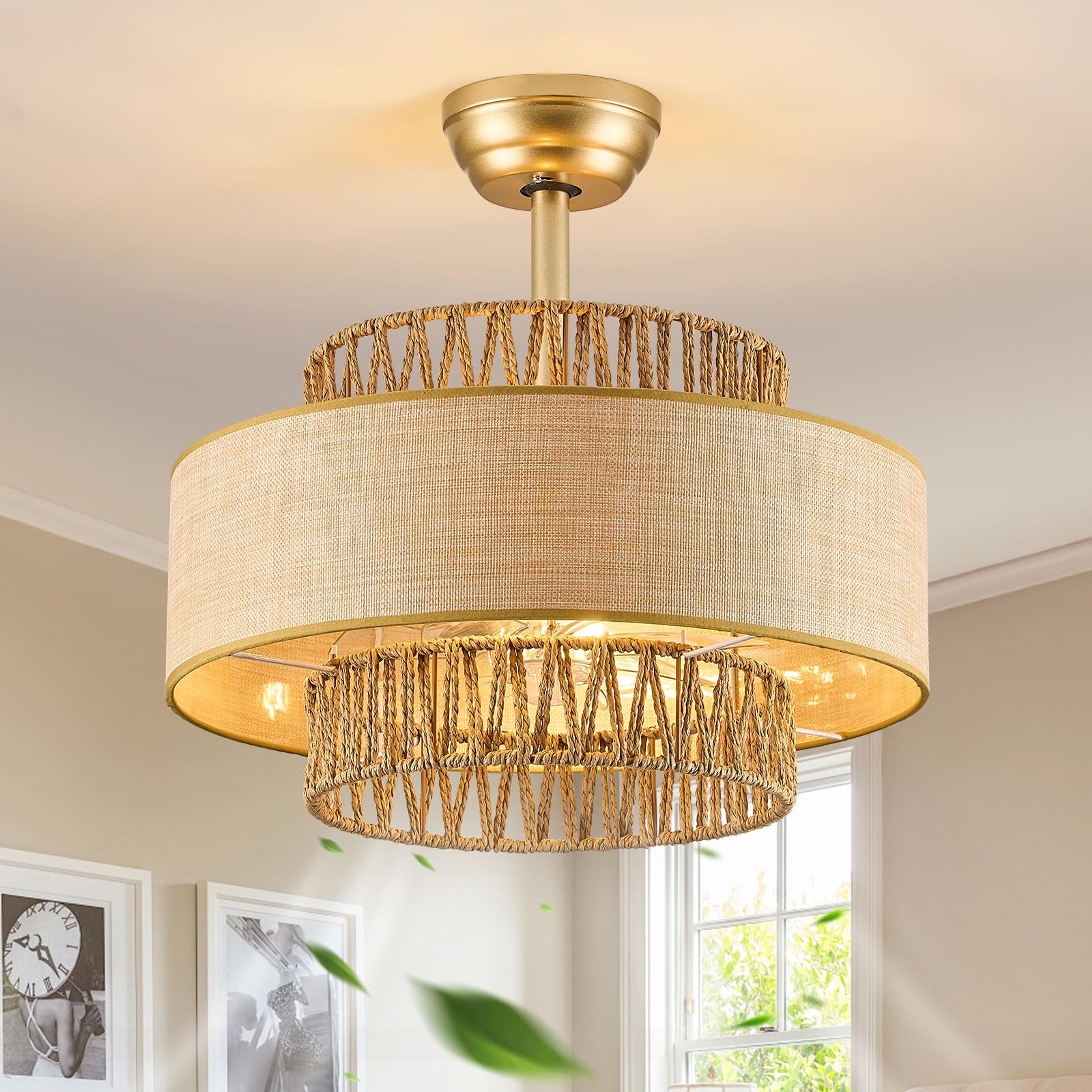 Boho Rattan Ceiling Fan with Light & Remote - Enclosed 6-Speed Caged Fan