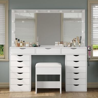 Amazon.com: Yanosaku 15 Drawers Vanity Desk with Power Outlet, Makeup Table with Mirror and 13 LED Lights, 3 Color Lighting Modes, Brightness Adjustable, Glass Top Dressing Table, Vanity Set for Bedroom (White) : Home & Kitchen