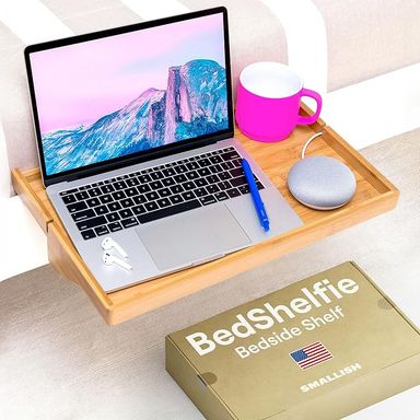 Amazon.com - BedShelfie Bedside Shelf for Bunk Bed & Top Bunk, College Dorm Room & Loft Nightstand, Floating Bed Side Table Tray Storage - Natural Wood Plus
