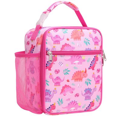 Bagseri Kids Lunch Box, Insulated Lunch Box Bag for Girls, Portable Reusable Toddler Lunch Cooler Bag for School, Water-resistant Lining（Pink & Crown Dinosaur） 01 Pink Dinosaur