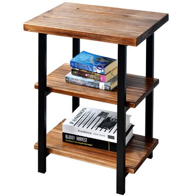 WELLAND 3-Tier High End Table | Rustic Side Table for Living Room & Bedroom | Made of Solid Pinewood with Espresso Finish Shelf and Matte Black Iron Frame | Easy to Assemble | 20”W x 15”D x 27”H