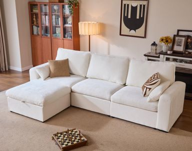 124.8'' Oversized Modular Sofa Comfy Cloud Couch with Storage Wide L-Shaped Sectional Sofa Set with Chaise for Living Room, Covers Washable, 4-Seater with Ottoman, Chenille, White