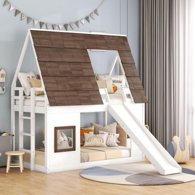 Merax Twin Over Twin House Bunk Bed Frame with Roof,Window,Ladder and Slide for Boys Girls, White & Brown Twin over Twin+Window+Roof(House Shape) White & Brown