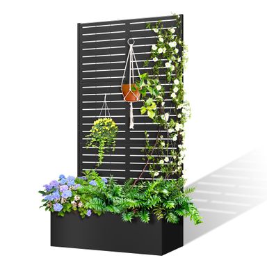 71"x35"x16" Metal Planter Box with Trellis Raised Garden Bed with Trellis, Trellis with Planter Box & Privacy Screen, Metal Planter Box for Climbing Plants, Vegetable, Vines(Black, Louvered)