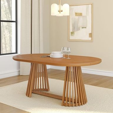 Amazon.com - Plank+Beam Lido Oval Dining Table, 72", Round Wooden Minimalist Kitchen Table fits 4 to 6, Pecan - Tables