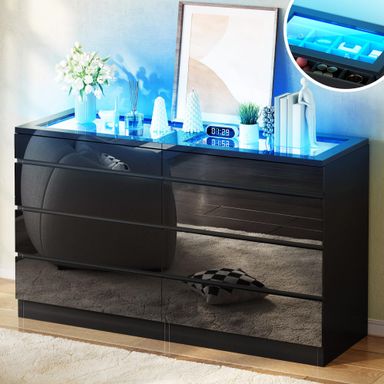 DWVO 8 Drawer Dresser with LED, Black Dresser, Modern 8 Chest of Drawers with Deep Drawers Glass Top High Gloss Surface, Storage Organizer Cabinet for Living Room