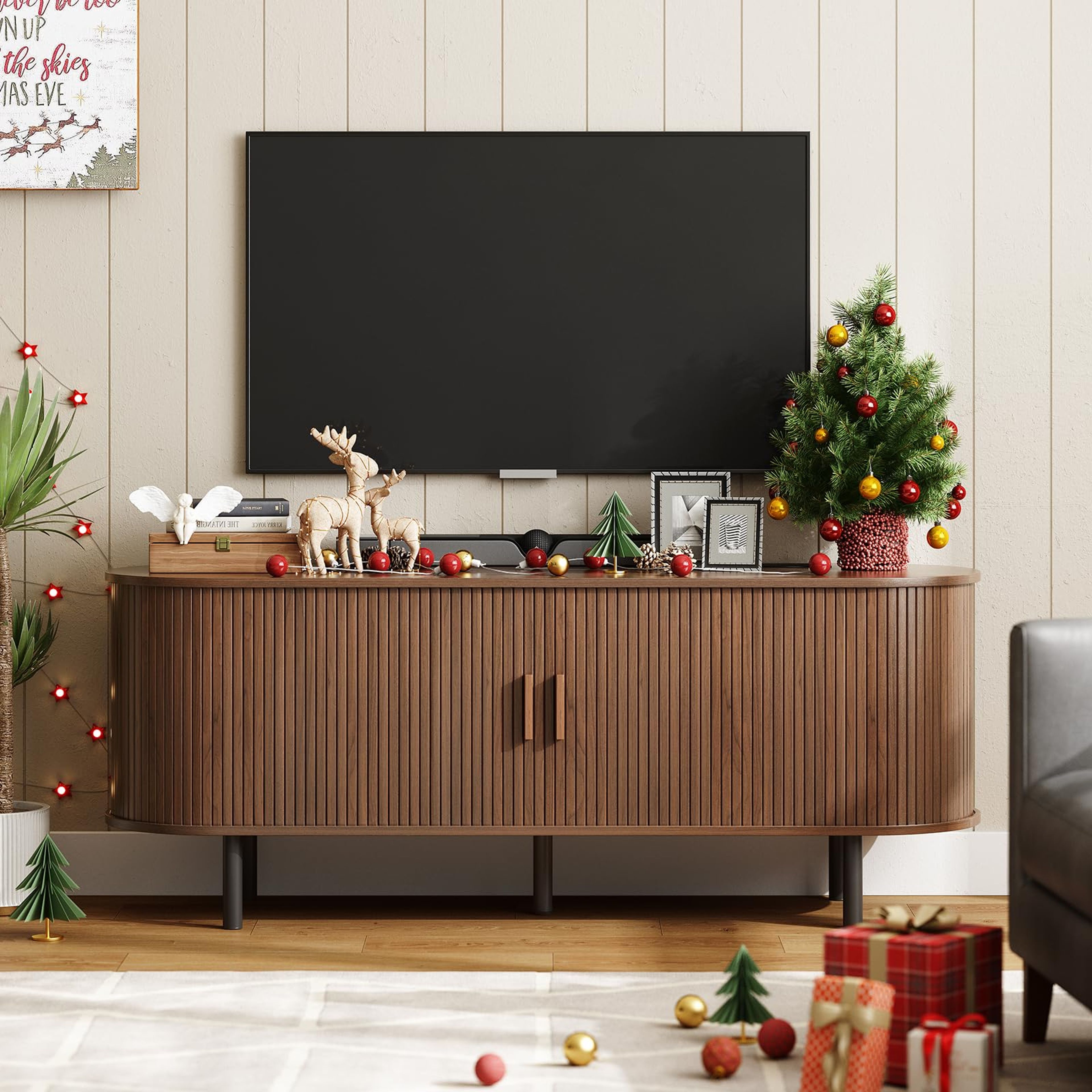 ONBRILL 55" Walnut TV Stand with Power Outlet & Storage for 60" TVs