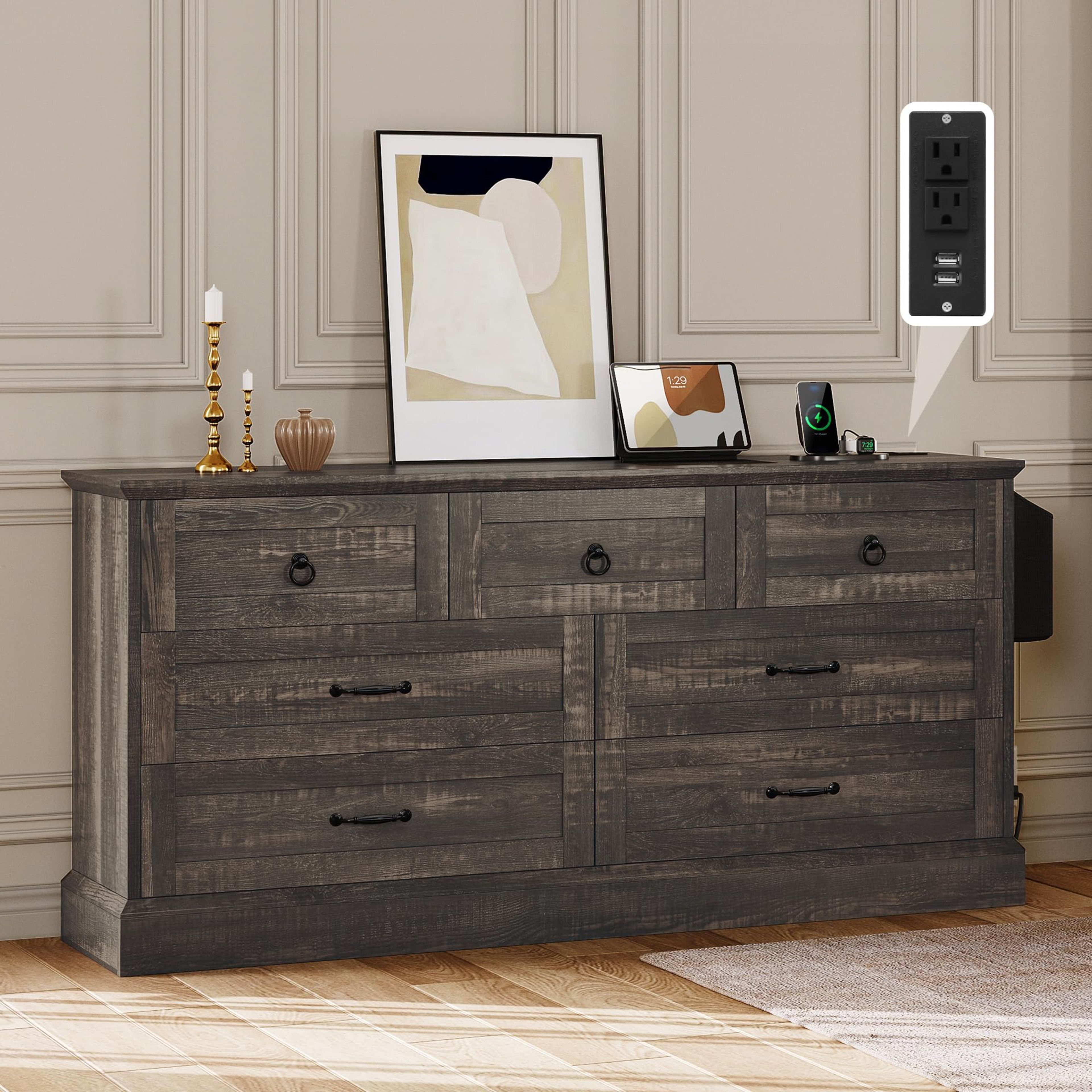 DWVO 7-Drawer Farmhouse Dresser Rustic Oak 59" Wide Storage Chest