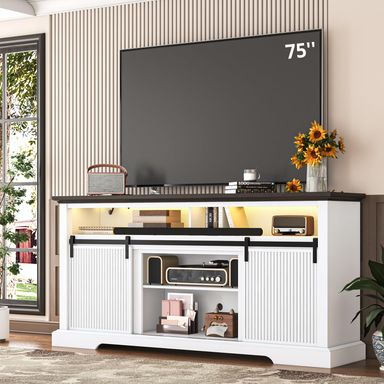 Fluted TV Stands for 75 Inch TV, 32" Tall Entertainment Center with Led, Outlet, Sliding Door & Storage Cabinet, Modern Media Console for Living Room & Bedroom, Television Stand for 70, 65", White White 66 inch