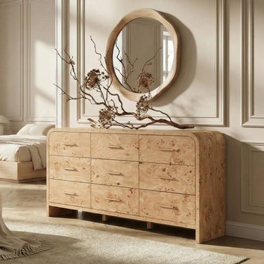 Curved 9-Drawer Dresser for Bedroom, 63" Wide Modern Chest of Drawers, Vanity Desk TV Stand for Living Room, Closet Storage Drawers Organizer Furniture, Nursery, Hallway, Light Burl Light Burl 9-Drawer