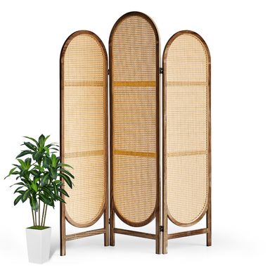 Wood Room Divider 3 Panels, Folding Rattan Room Divider Wall, Unique Design Folding Portable Partition Screen, Foldable Privacy Screen Wall Divider for Home Office Restaurant Bedroom (Brown)
