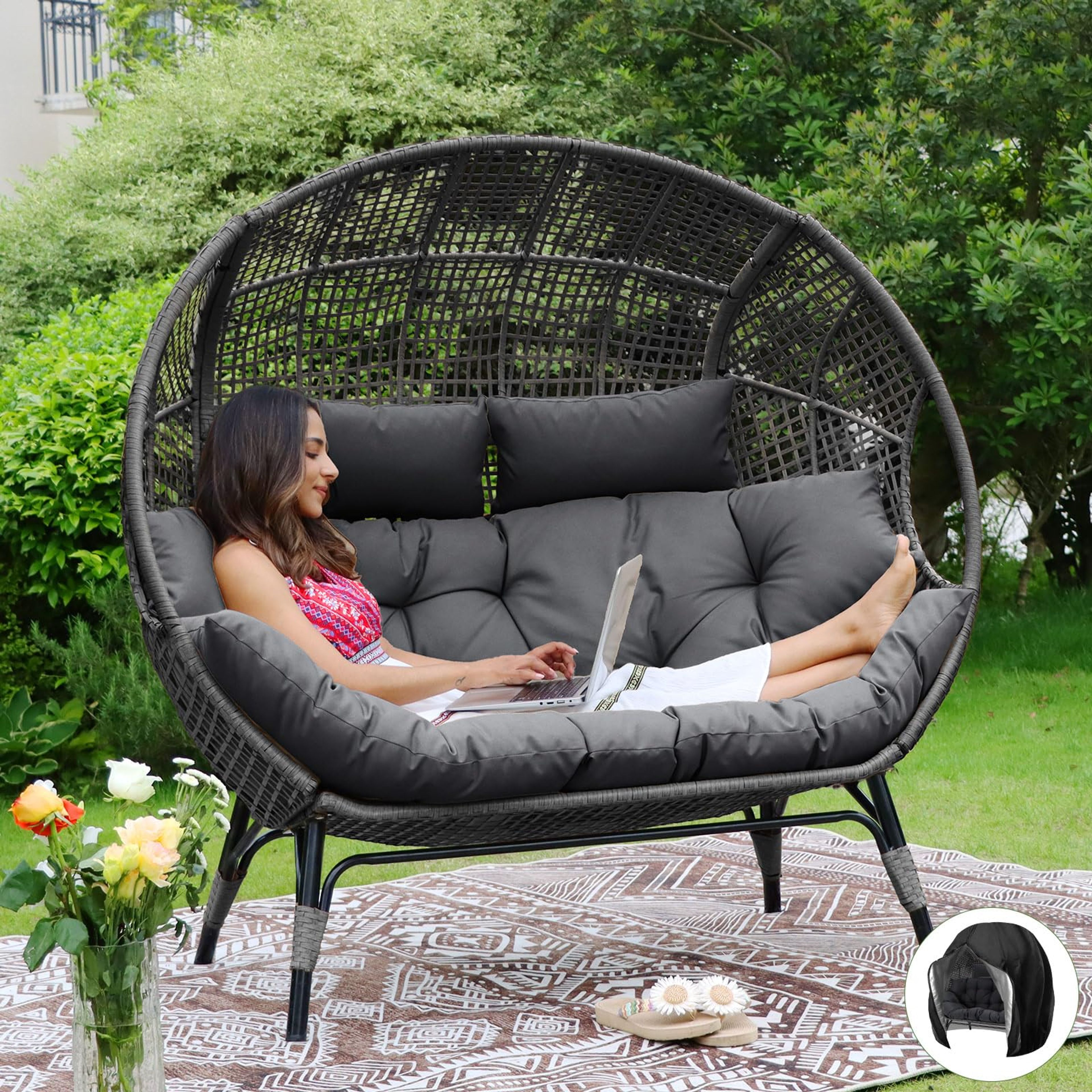 NICESOUL Double Egg Chair for 2, Oversized Outdoor Indoor Lounger Gray