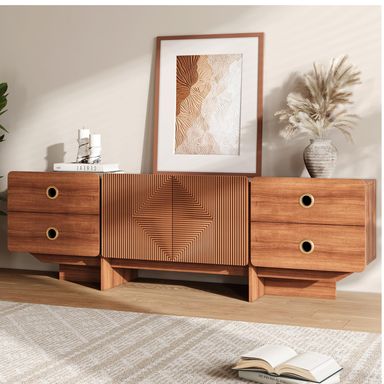 TV Stand, Boho TV Stand for Living Room, Mid Century Modern TV Stand, Storage Cabinet and Entertainment Center, Modern TV Console Table for 75+ Inch TV(Cherry 66")