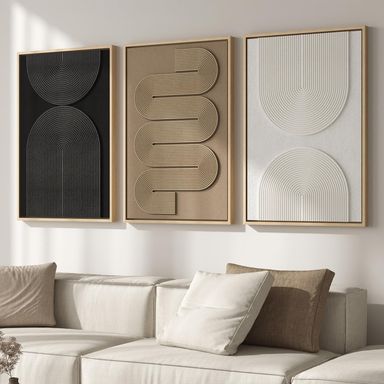 Large 3D Textured Framed Boho Neutral Abstract Wall Art for Living Room, 3 Piece Modern Paintings Artwork for Walls, Black White Brown Minimalist Geometric Pictures for Hallway Office Wall Decor 24x36 In 24" W x 36" H x 3Pcs Monochrome