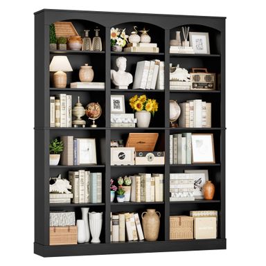 71" Triple Wide Bookshelf, 6 Tier Tall Bookshelf, Large Book Shelf with Curved Baffle, 63.4" Wide Bookcase with 18 Open Display Shelves for Living Room, Study, Black