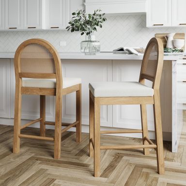 Nathan James Bailey Boucle Upholstered Rattan Bar Stool, Counter Height Stool with Natural Woven Back for Kitchen Island, Light Brown/Cream Boucle, Set of 2