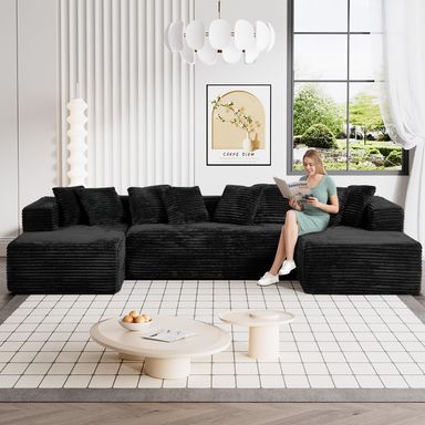 Modular Sectional Sofa Cloud Couch, 131" Black Boneless Couches for Living Room, Comfy Deep Seat Plush Corduroy Sofa, Modern Fluffy Memory Foam U Shape Sectional Couch with Chaise Lounge 130''-U Shaped Black