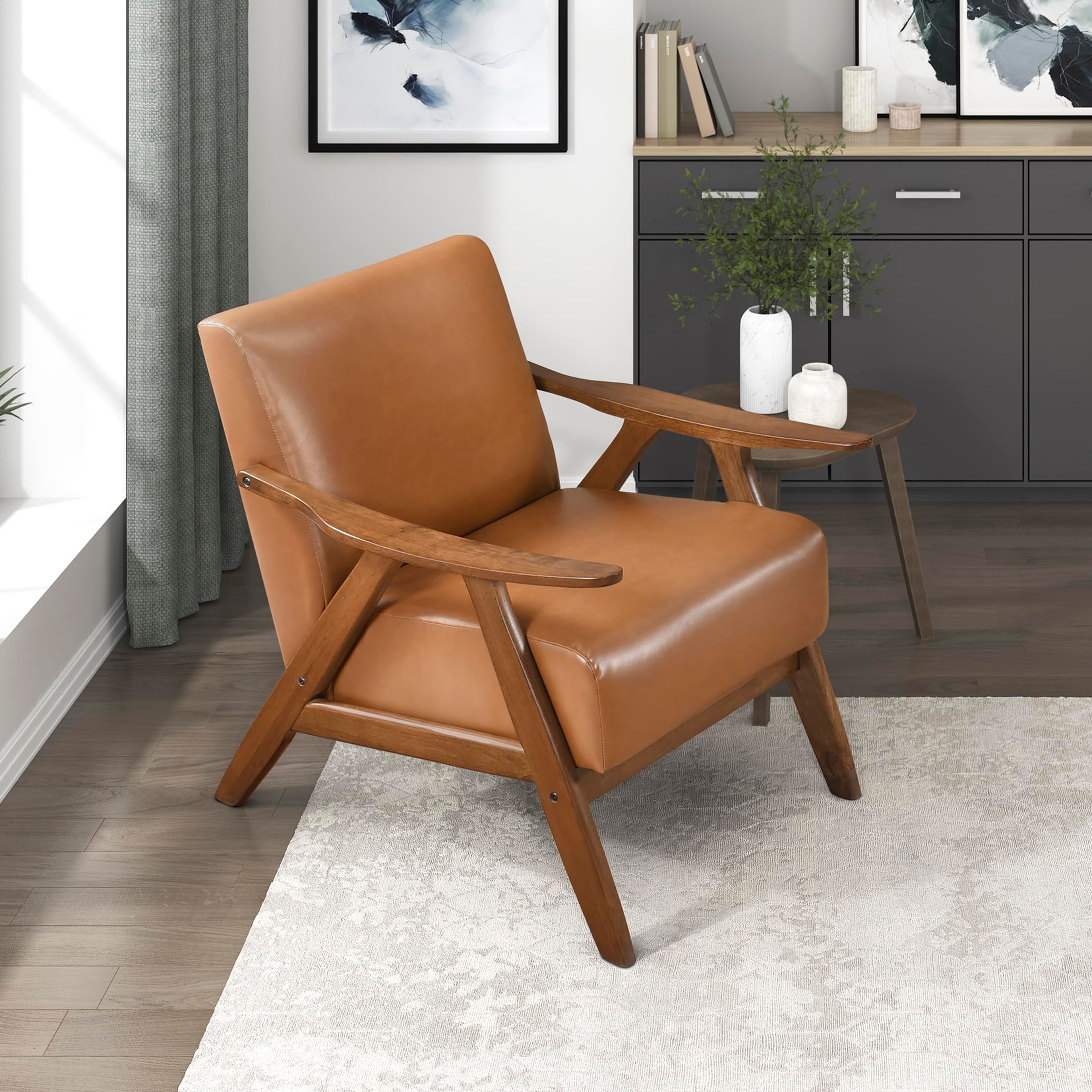 Mid-Century Modern Walnut Accent Chair Faux Leather Lounge