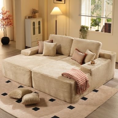 ovios 81" Oversized Sectional Double Lounge Chaise with Cloud Plush Sofa Bed, No Assembly Required, Fluffy Modern Sleeper Loveseat Chair for Indoor Living Room Bedroom Reading, Beige