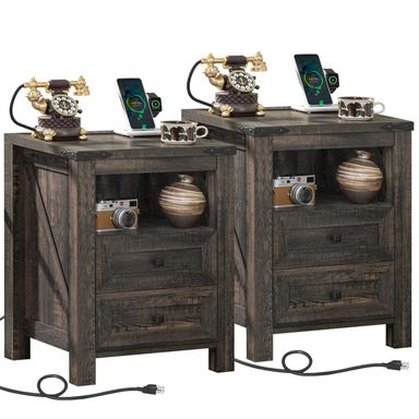 Nightstands Set of 2 with Charging Station, Farmhouse Night Stand with 2 Drawers and Shelf Storage, Wooden Side End Table, Bedside Cabinet for Bedroom, Living Room, Closet,Office (Dark Drey)