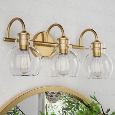 Gold Vanity Light, 3 Light Bathroom Light Fixtures, Modern Bathroom Vanity Lights Fixtures Over Mirror with Clear Globe Glass Shade, Gold Wall Sconces for Bathroom Hallway, E26 Base Gold 3 Light