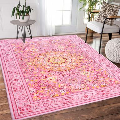 8x10 Area Rugs Machine Washable Boho Rug Oriental Floral Soft Indoor Carpet Low Pile Non Slip Large Rugs for Living Room Bedroom Office Dining Room Decor Aesthetic, Pink