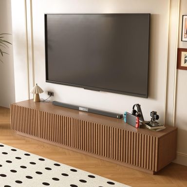 86.61" Mid-Century Modern TV Stand for TVs up to 85", Sturdy Living Room Furniture Media Console with Large Storage Space, Entertainment Center for Living Room and Bedroom, Walnut 86.61" Pedestal