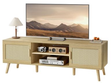 SUPERJARE Boho TV Stand for 65 Inch TV, Entertainment Center with Adjustable Shelf, Rattan TV Console with 2 Cabinets, Media Console, Solid Wood Feet, 4 Cord Holes, for Living Room - Natural 53.9" Natural
