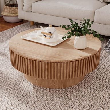 31.5'' Round Coffee Table with Storage, Modern Wooden Coffee Table with Solid Wood Veneered, Circle Center Table Accent Tea Table for Living Room Apartment Natural Wood