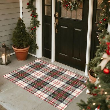 Christmas Plaid Outdoor Rug - 28" x 43" Front Door Mat Outside Entrance Non-Slip Washable Holiday Buffalo Checkered Tartan Entry Rug Layered Doormat for Front Porch Entryway New Year Decor Tartan Plaid - Beige Red Green 2'4" x 3'7" (Rectangular)