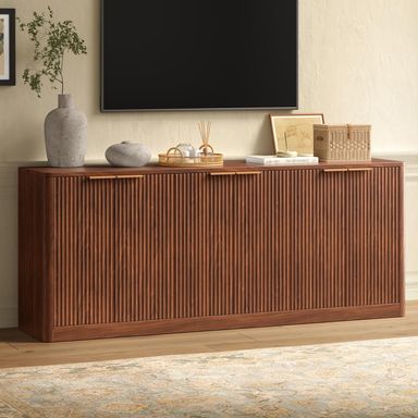 Evermagin 67" Walnut Fluted TV Stand for TVs up tp 75", Mid-Century Modern Entertainment Center with Storage Cabinets and Fluted Doors, Wood Media TV Consoles for Living Room and Bedroom Furniture Walnut 67" TV Stand Only