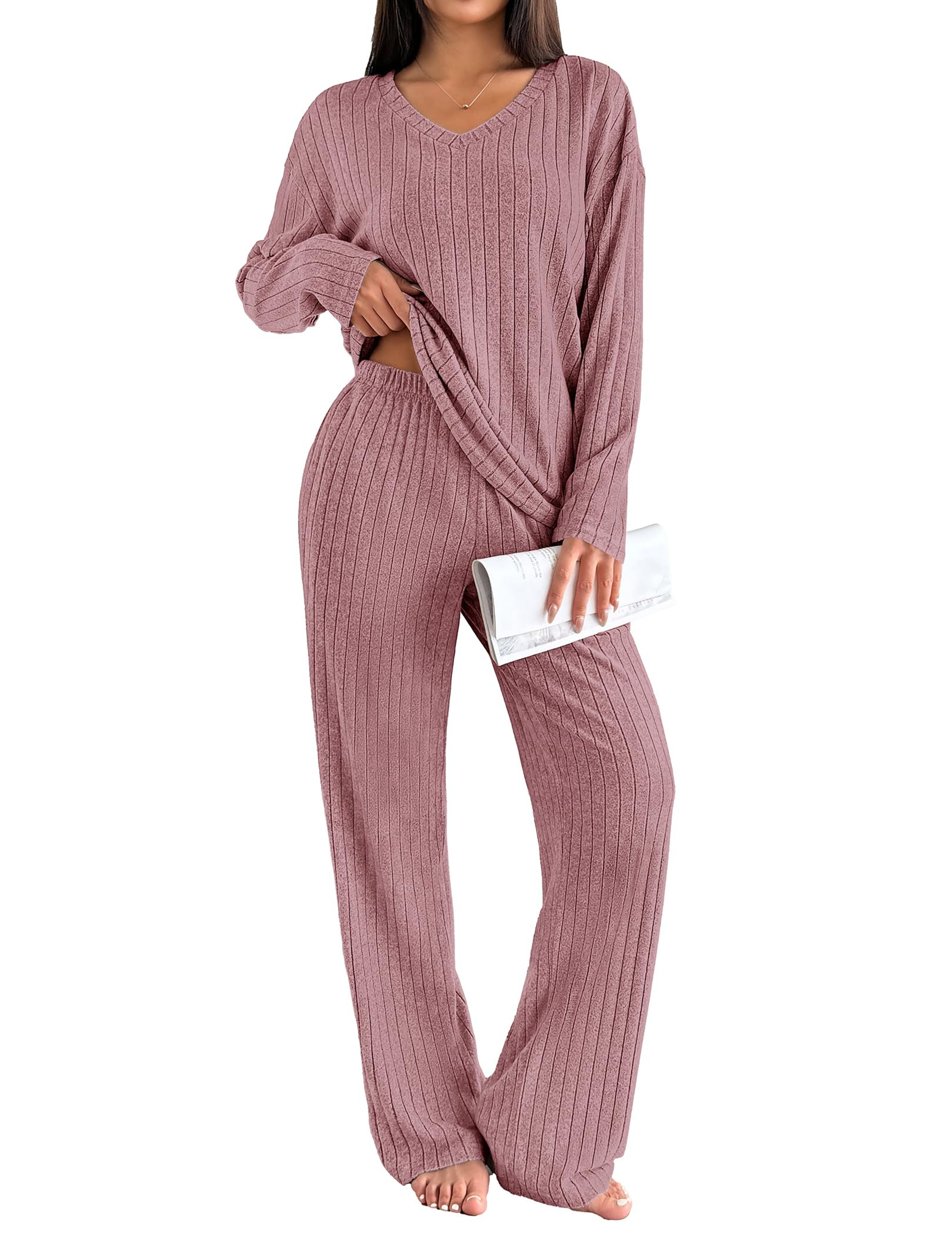 Women's Dusty Rose Ribbed Knit Pajama Set Long Sleeve 2-Piece Loungewear Large