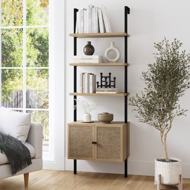 Nathan James Theo Ladder 3 tier Open Bookshelf with Rattan Drawers and Matte Steel Frame, Light Oak/Black Theo Light Oak/Black 1