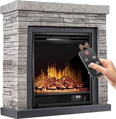 KESSER® Electric Fireplace - Electric Fireplace with Flame Effect 3D LED Fireplace with Heating Function 1800W Power - Stone/Grey Look