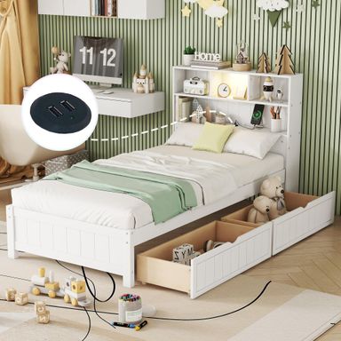 Twin Size Platform Bed with Bookcase Headboard, USB Charging Station and Downlight,Wood Twin Capatain Bed Frames with 2 Storage Drawers,Twin Storage Bed Frames for Kids Girls Boys,White