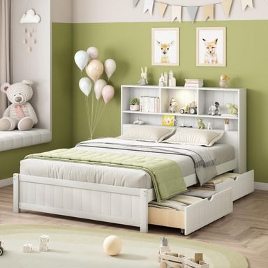 Merax Full Size Wood Platform Bed with Bookcase Headboard, Built-in Downlight, Charging Station, and 2 Side Drawers, White