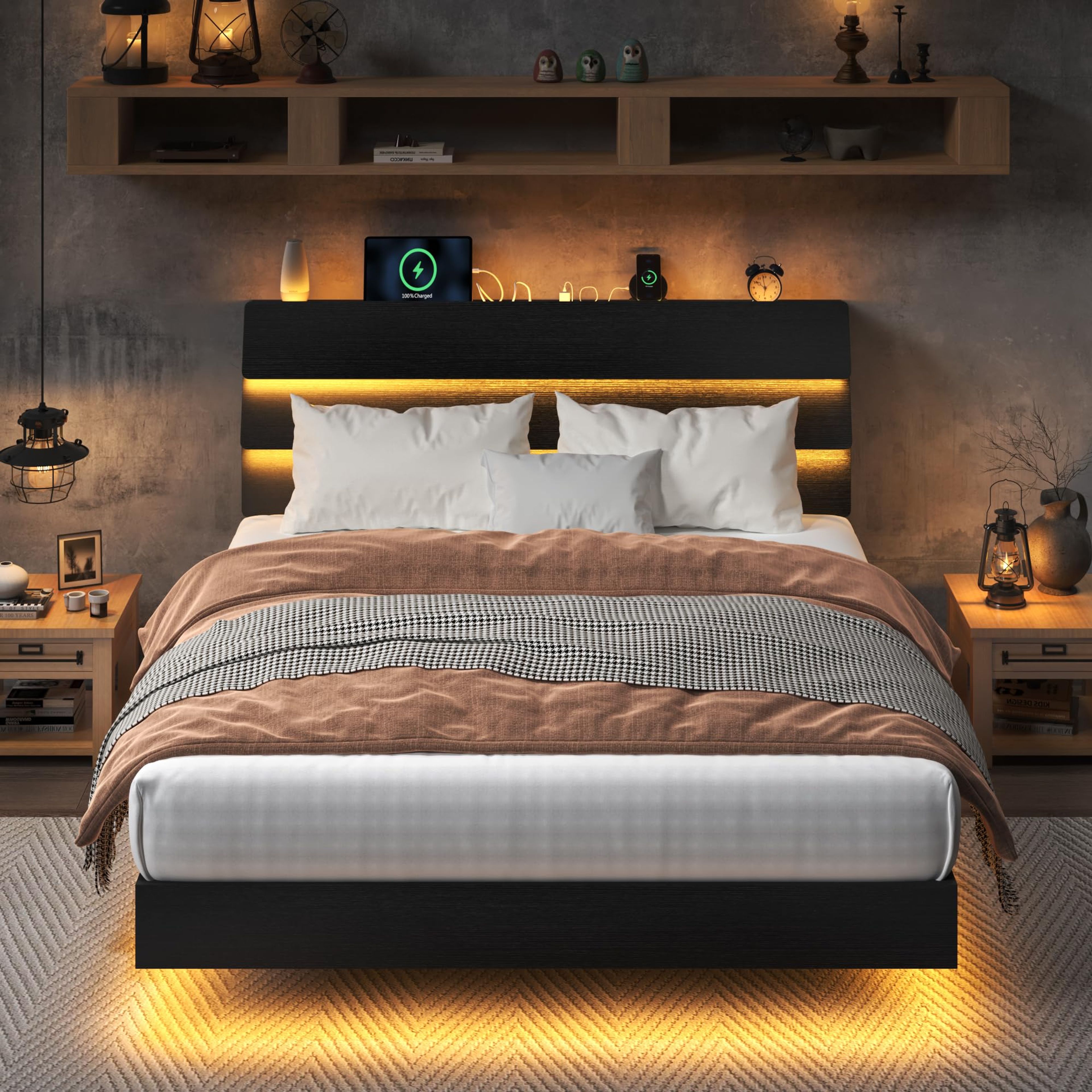Feonase Queen Floating Bed Frame with LED Lights & Charging Station - Black
