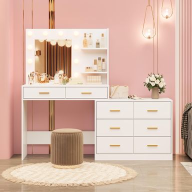 61" Make Up Vanity Desk with Mirror and Lights, White Vanity with 8 Wide Storage Drawers & 2 Tier Shelves, 3 Lighting Modes with Adjustable Brightness for Bedroom