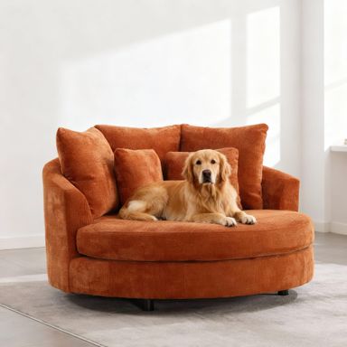 Aoiy & Wifon 59.8" W Oversized Barrel Chair, Round Accent Chair with Wheels, Extra Large Living Room Chair, Knitted Chenille, Burnt Orange Knitted Chenille Burnt Orange
