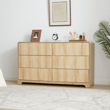 Fluted 6 Drawers Dresser for Bedroom, 53" Wide Mid Century Modern Chest of Drawer with Curved Profile Design, Large Double Wood Dresser for Living Room Natural 15.8"D x 53"W x 30.7"H (6 Drawers)