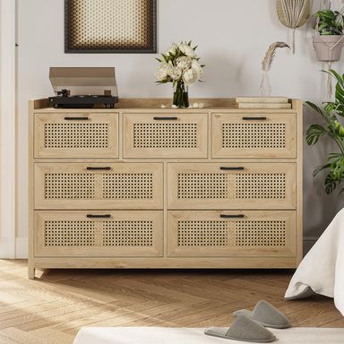VIAGDO 7 Drawer Dresser for Bedroom, Rattan Chest of Drawers with LED Lights, Wood Storage Dresser Chest with Metal Handle, Modern Storage Cabinets for Closet,Bedroom,Living Room,Hallway