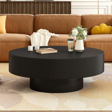 Black Round Coffee Table 31.5'' Contemporary Modern Circle Coffee Table Pedestal Center Table Wood Accent Tea Table for Living Room Apartment