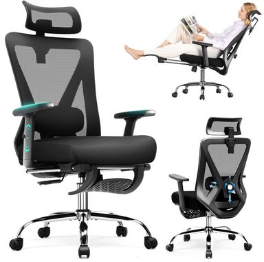 COMHOMA Ergonomic Office Chair Big and Tall Gaming Chair with Footrest, 3D Adaptive Lumbar Support & Headrest, High Back Rolling Computer Chair with Wide Seat, Breathable Mesh, ErgoFlex-F26, Black Black-footrest