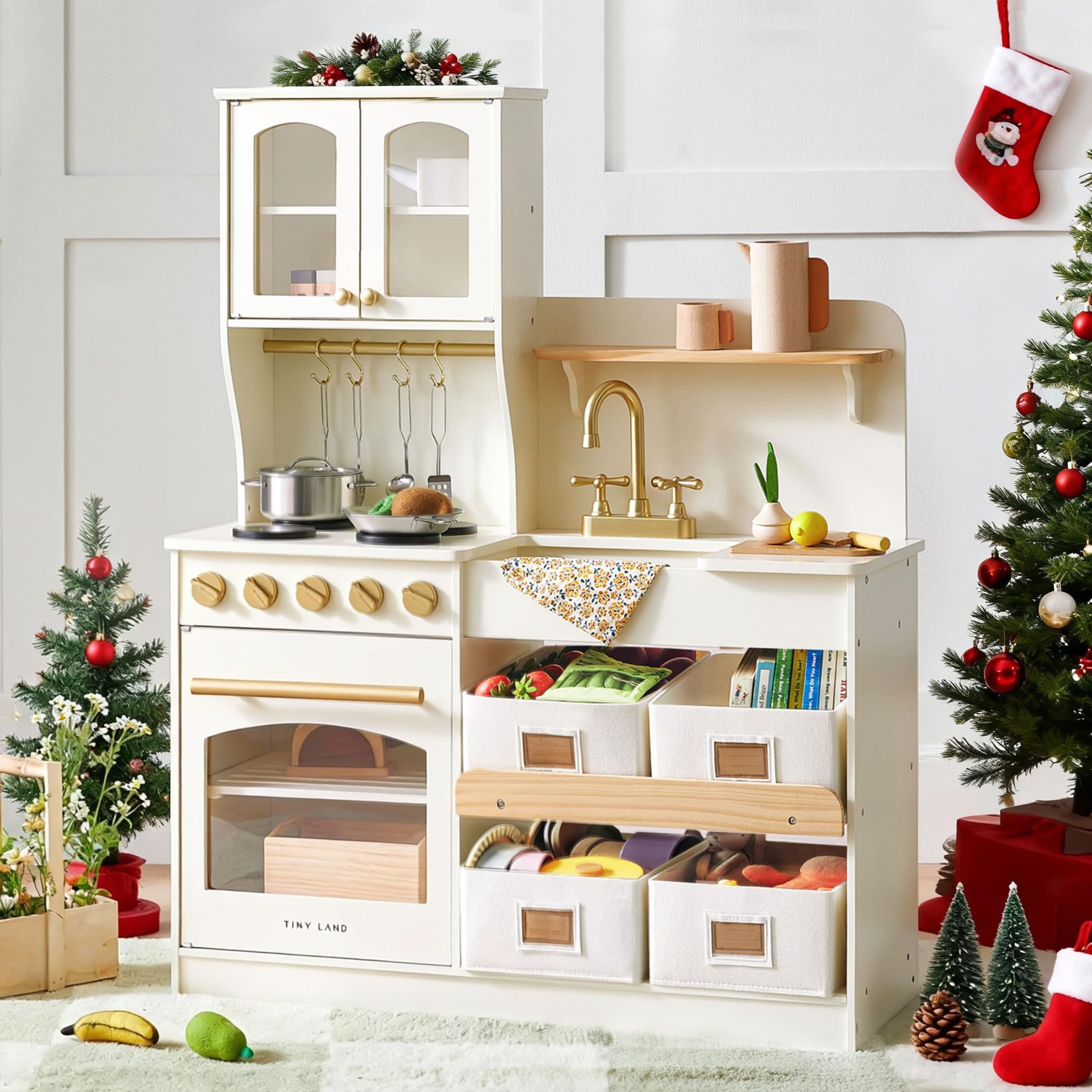 Tiny Land Wooden Toddler Play Kitchen with Storage - Cream