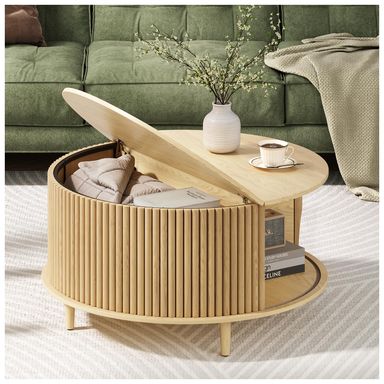 Round Coffee Table with Storage,Fluted Coffee Table for Living Room,Home Small Space,Small Center Tables with Sliding Cabinet Door,31.5",Oak