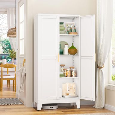 Metal Pantry Cabinet, Kitchen Pantry Storage Cabinets with 2 Door and 3 Adjustable Shelves, White Kitchen Pantry Cabinet, Freestanding Cupboard for Dining Room Living Room Bathroom White 11.81"D x 23.62"W x 47.25"H
