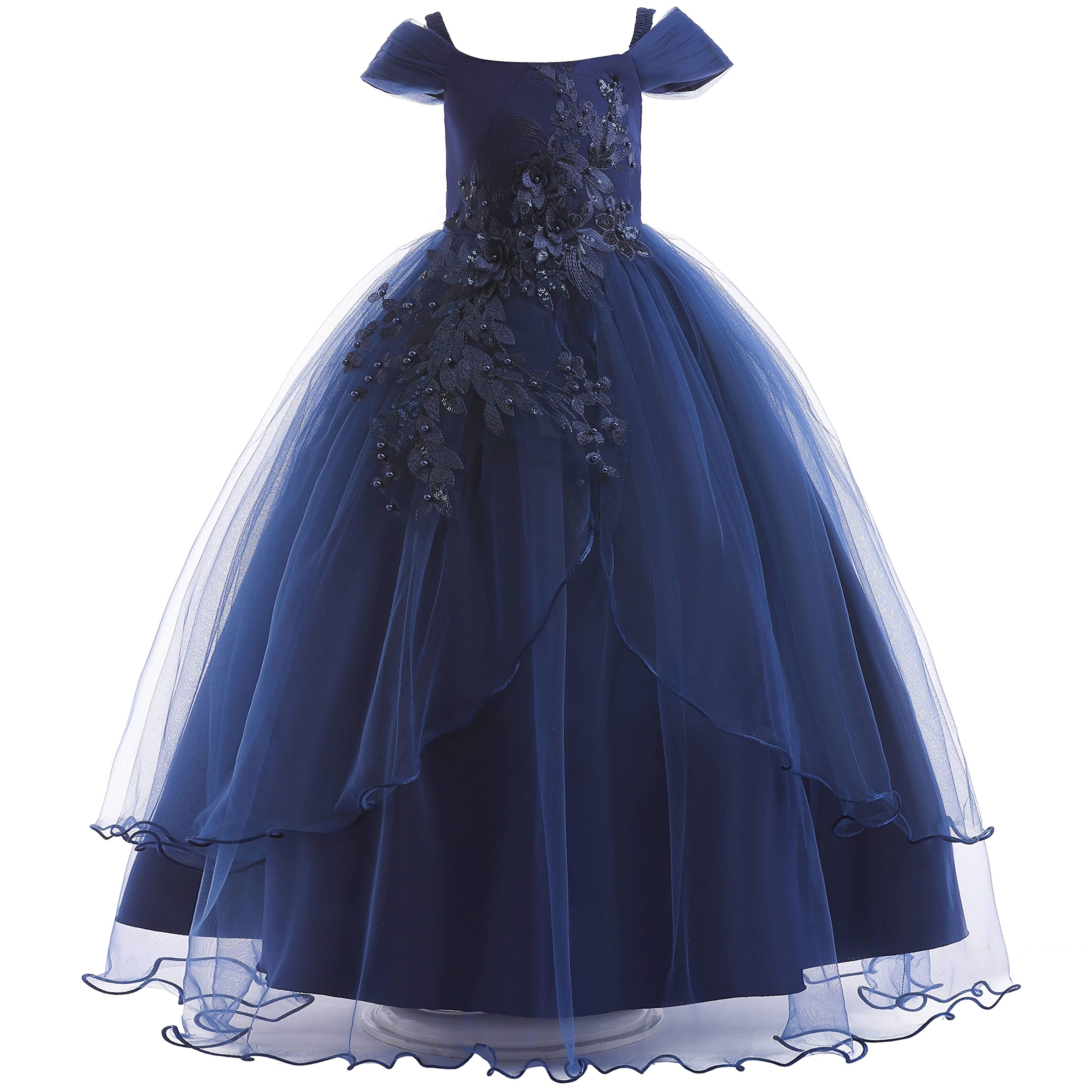 Vintage Navy Blue Flower Girl Dress Lace Embroidery for Girls 12-13